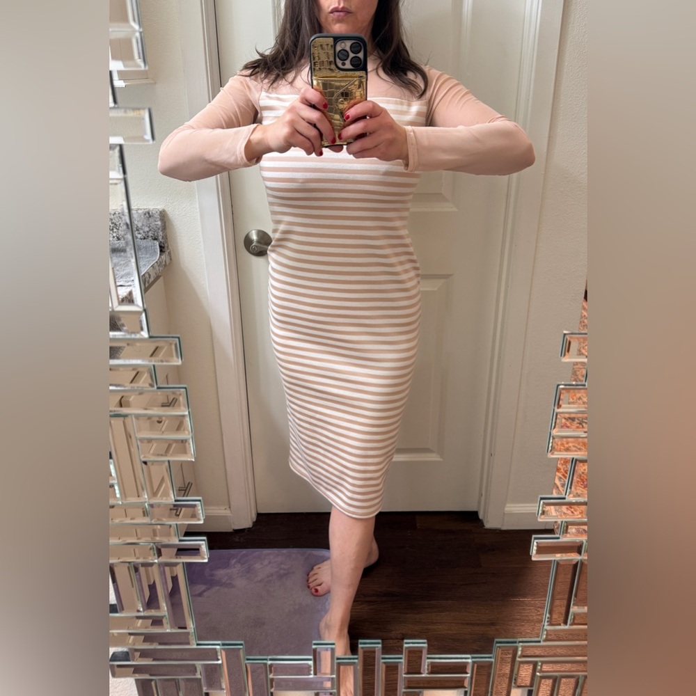 Baby Pink Dress, Sheer sleeves, Pink and white horizontal stripes